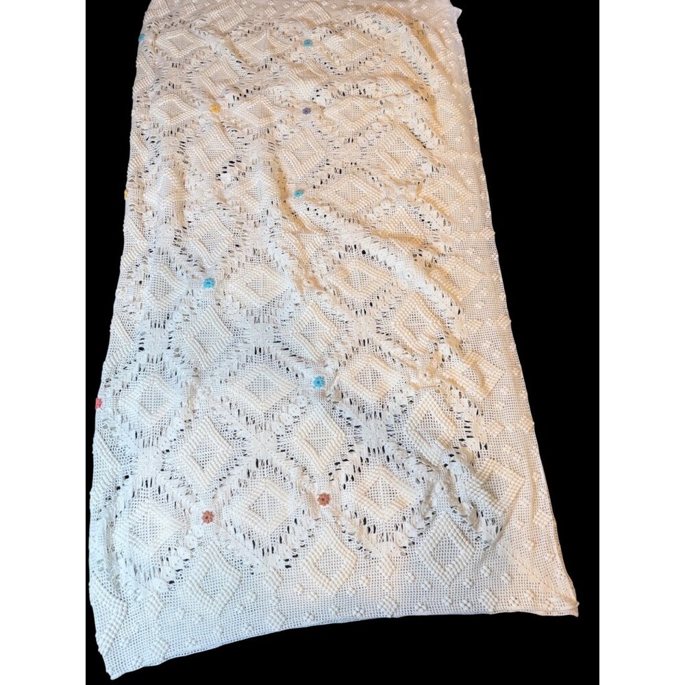 Vtg Handcrafted Whiter Knit Crochet Blanket With Colorful Flowers 67”x61”